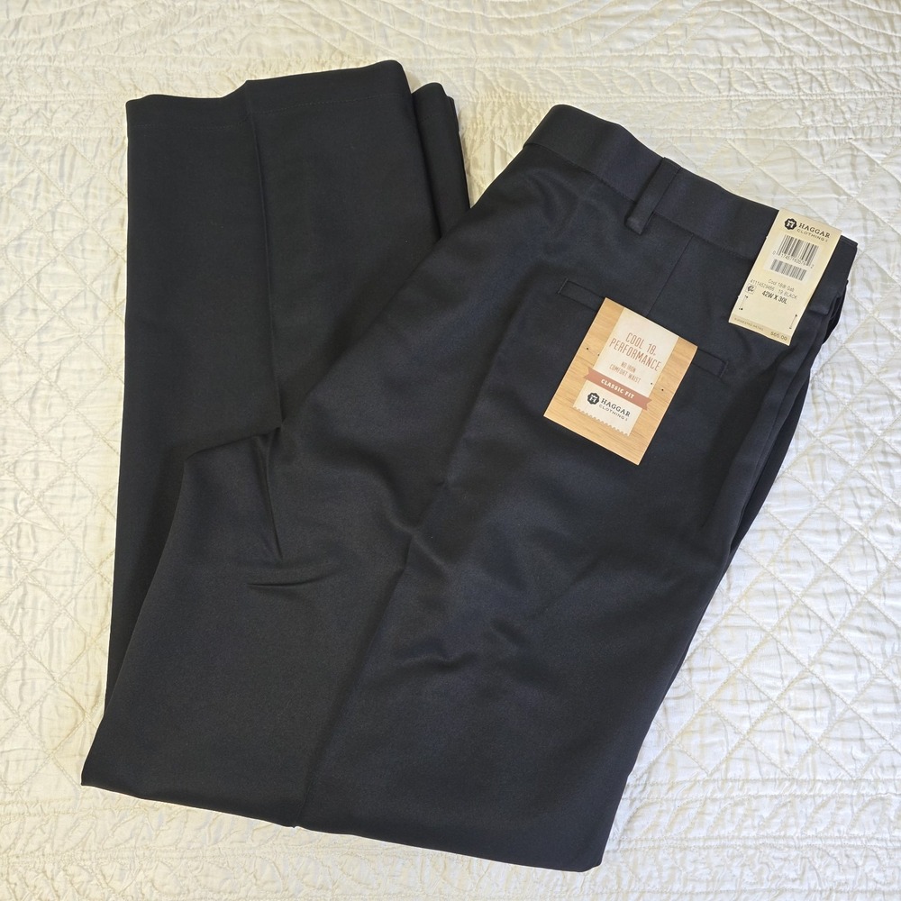 NEW Haggar Cool 18 Gab Performance Dress Pants Mens 42 x 30 Black Shirt Gripper